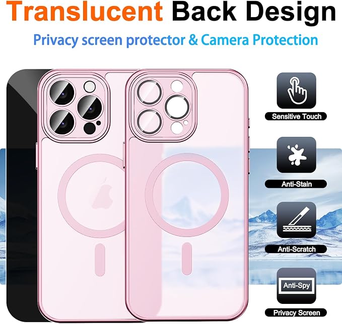 for iPhone 15 Pro Case with Privacy Screen Protector, Pink | Full Camera Protection, Translucent Matte Magnetic, Compatible with MagSafe, Shockproof Phone Cover, Slim Fit Women/Girls - Image 2