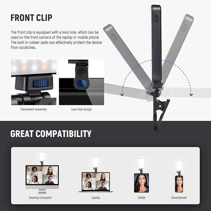 NEEWER Basics LED Selfie Phone Light for iPhone Camera Laptop, BL120B | Clip on Fill Light, Color Films, Diffuser, 3000mAh Rechargeable, 2500K-9000K CRI95+ Video Conference Lighting for Zoom Call - Image 7
