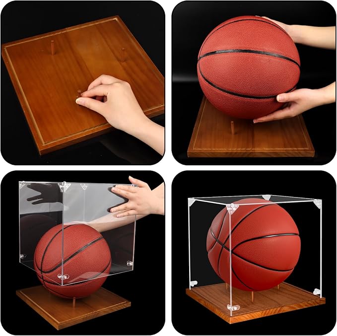 Clear Acrylic Basketball Display Case with Wood Base & Tee, Memorabilia Stand Cube Holder, Dust Protection Transparent Storage Box for Single Ball Souvenir Basketball Collections - Image 4