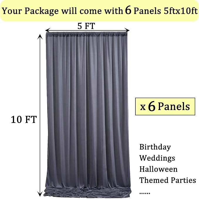 30ft x 10ft Wrinkle Free Charcoal Backdrop Curtains for Parties, 6 Panels Silky Polyester Photo Backdrop Drapes for Wedding Birthday Party Photography Background Backdrop Stand - Image 5