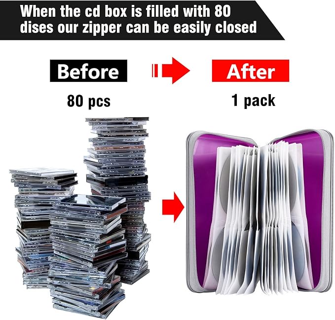 Siveit CD/DVD Case Holder, 80 Capacity Hard Plastic Disc Cases Storage Binder for Car, Home, Office, Travel (Purple) - Image 4