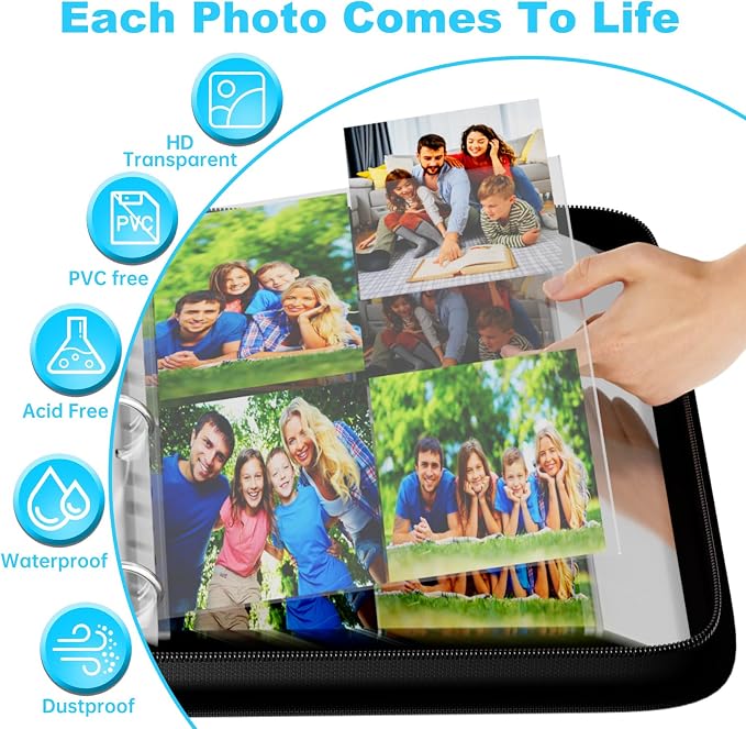 DocSafe Photo Album 4x6 400 Pockets,Fireproof Photo Book with 100 Plastic Sleeves,Large Capacity Binder Protect Family Wedding Anniversary Baby Vacation Pictures,Zipper Closure,2-Inch O-Rings,Black - Image 6