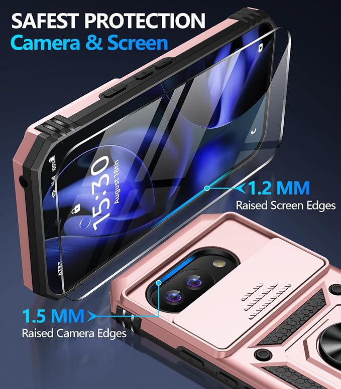 Taisairu for Google Pixel 9A Case with Screen Protector & Slide Camera Lens Cover, Built-in 360°Rotate Magnetic Ring Stand Shockproof Protective Phone Case for Google Pixel 9A Case (Rose Gold) - Image 7