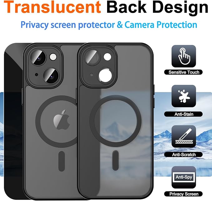 for iPhone 14 Case with Privacy Screen Protector, Black | Full Camera Protection, Translucent Matte Magnetic, Compatible with MagSafe, Shockproof Phone Cover, Slim Fit - Image 2