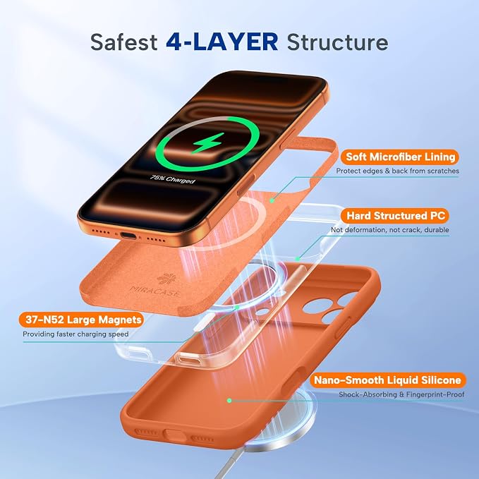 Miracase Magnetic for iPhone 17 Pro Case, Silicone, Amber Orange | Compatible with MagSafe, Soft Microfiber Lining,Shockproof Drop Protection Phone Case for 17 Pro - Image 5