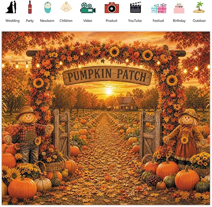 Fall Pumpkin Patch Backdrop 10x10ft Thanksgiving Harvest Photo Backdrops | Autumn Scarecrow Sunflower Photography Background Fall Pumpkin Leaves Theme Baby Shower Party Decorations Photo Booth Props - Image 2