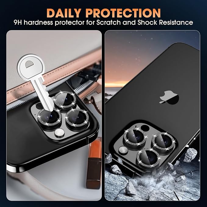 for iPhone 16 Pro/16 Pro Max Camera Lens Protector Glitter, Black | Individual Metal, 9H Hardness, Scratch Resistant, Shockproof, Drop Protection, Case Friendly, Stylish Accessories - Image 2