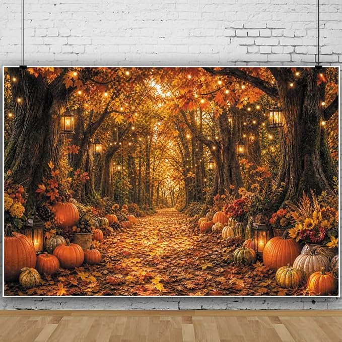 Fall Autumn Forest Photography Backdrop 7x5ft Autumn Woodland Pumpkin Maple Leaves Background Fall Thanksgiving Orange Flowers Seasonal Party Decorations Banner Vinyl by Leowefowa