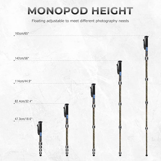 LEOFOTO Camera Monopod Carbon Fiber Portable Compact Lightweight Travel Monopod with Wrist Strap, Silicone Handle, Twist Locks, 5-Section up to 165cm, Max Load 15kg，Camo(MPQ-325C) - Image 6