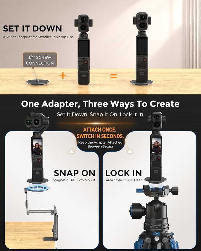 OMOTON TP02-Ultra Multi-Device Camera & Phone Mount with 1/4" Adapter, Grey | Built-In 1/4" & Arca Base, Clamp, Magnetic & Tripod Setups for iPhone, Pocket/Action Cameras, Overhead & Low-Angle Filming - Image 4