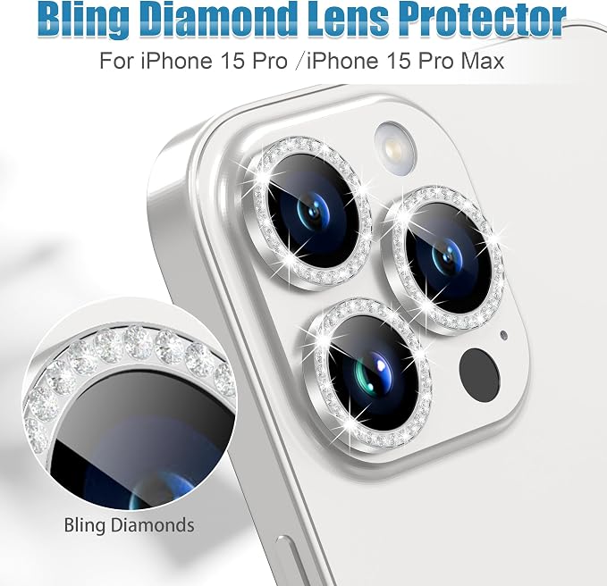 AGVEE 3+3 6 Pack for iPhone 15 Pro & Max Camera Lens Protector Cover | Individual Bling Diamond & Bling Glitter Sparkle Cute Gem Metal Ring, 9H Tempered HD Glass - Image 4