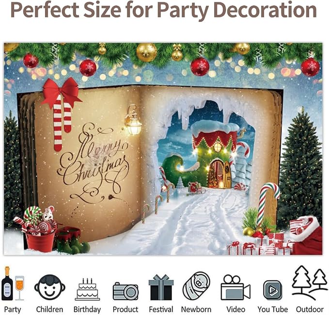 Merry Christmas Backdrop 10x7ft Fairy Tale Book Glitter Xmas Tree Candy Canes Winter Wonderland Photography Background Children Xmas Party Supplies Photo Booth Banner Props - Image 4