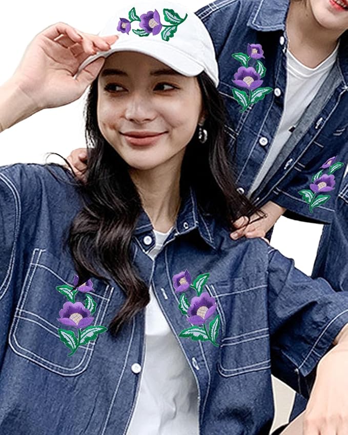 5 Pairs Floral Iron on Applique Flower with Green Vine Embroidered Patch for Collar Dress Accent Shoes Jeans Sewing Accessories Embellishment (Hot Pink) - Image 6