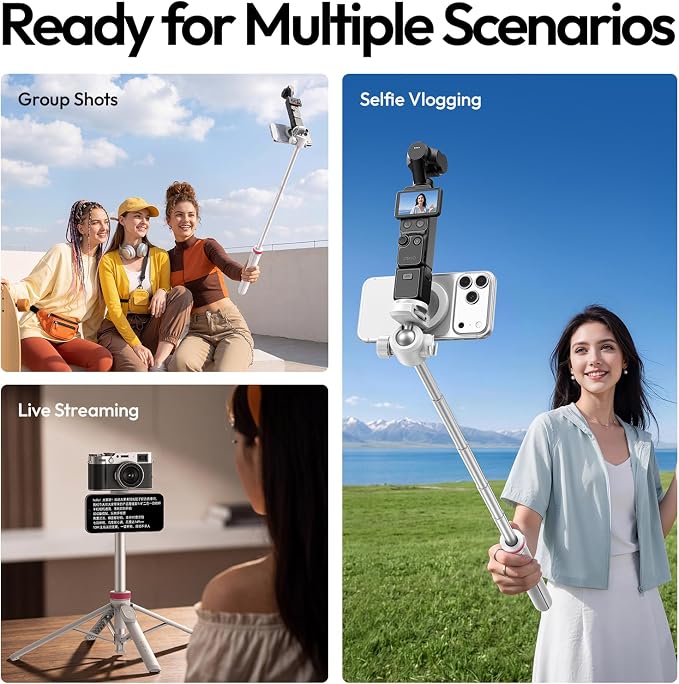 ULANZI MT44M Auto Open Magnetic Phone Tripod, 59" Selfie Stick with Remote | Tripod Stand 2-in-1 Dual Mount&1/4" Screw for Phone&Camera, 360°Ball Head for iPhone Android, Vlogging, Live Streaming(White) - Image 7