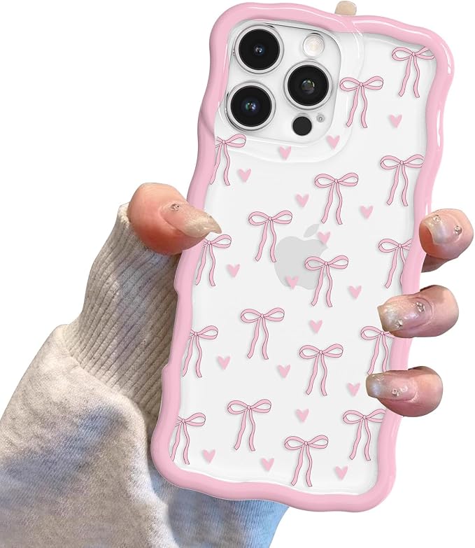 QLTYPRI for iPhone 14 Pro Max Pink Bow Case, Clear Cute Pink Ribbon Bow Phone Case Curly Wavy Aesthetic Phone Cover, Soft Slim Transparent TPU Shockproof Protective Cover for Women Girls - Love Bow - Image 7