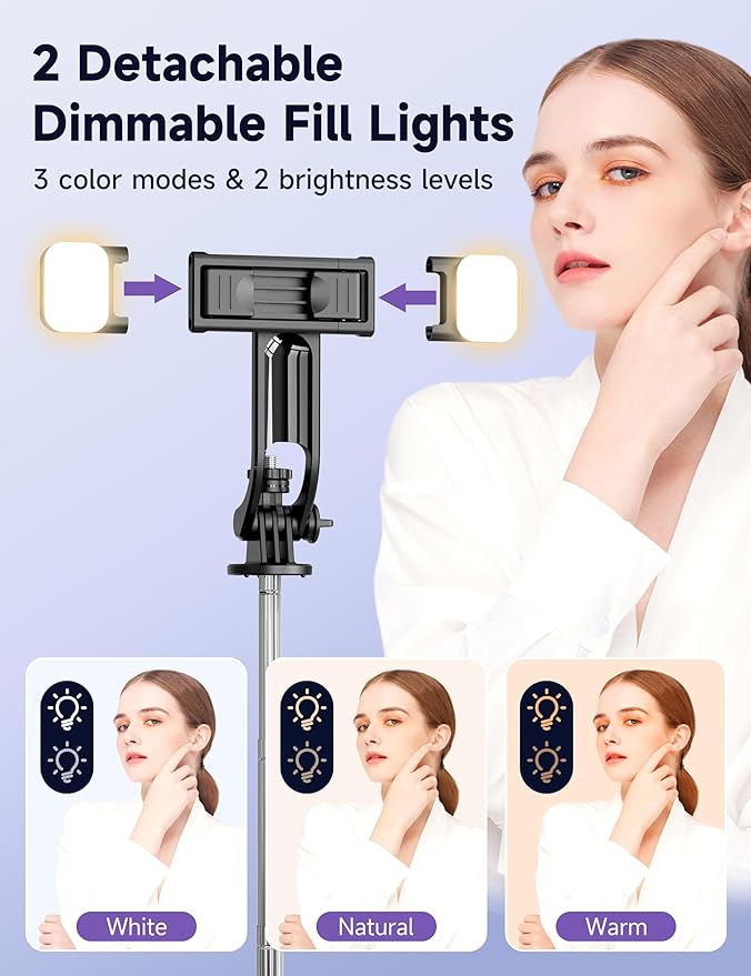 53'' Selfie Stick Tripod with Light, Extendable Selfie Stick with Remote, Portable Cell Phone Tripod Stand with All in 1 Phone Clip, Lightweight Camera Tripod Compatible with iPhone 17 16 15, Android - Image 2