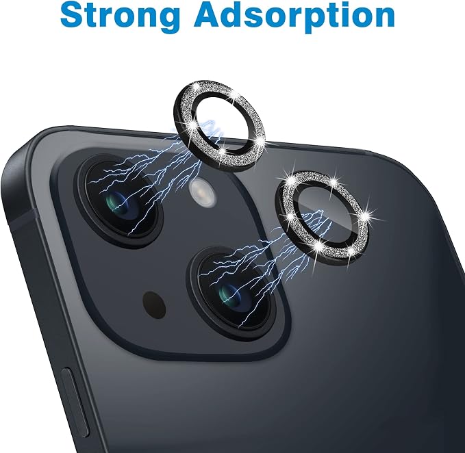 for iPhone 13 Mini & iPhone 13 Camera Lens Protector, Bling Glitter 9H Tempered Glass Camera Cover Anti Scratch Shockproof Screen Protector Individual Ring - 2Pcs Glitter Black - Image 4