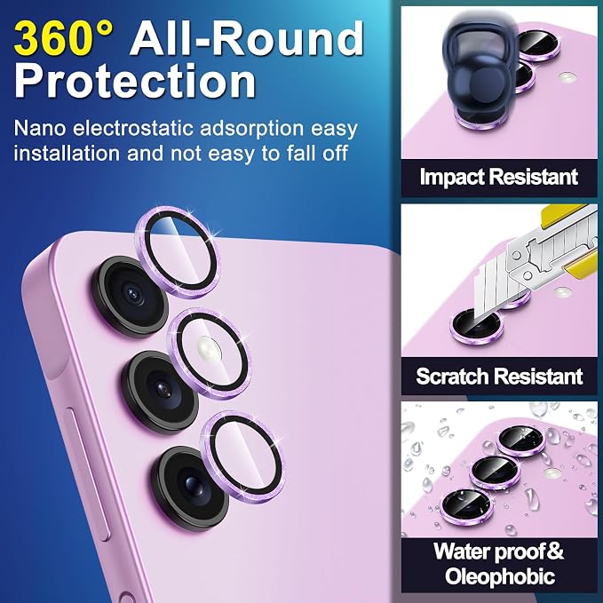 for Samsung Galaxy A35 5G Camera Lens Protector, Individual Metal Ring Tempered Glass Lens Cover, [Strong Adsorption] Scratch Resistant Ultra-Thin HD Clear Lens Cover, 1 Set-Purple Sparkly - Image 4