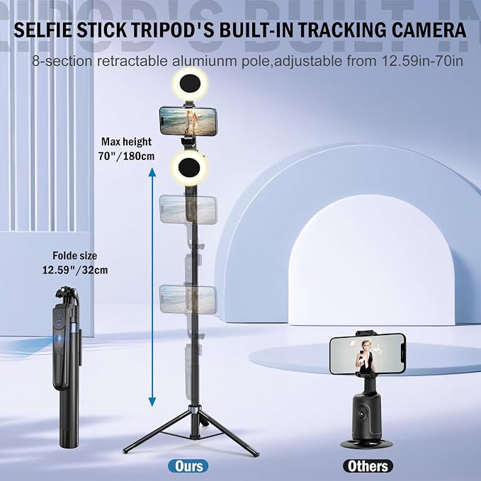 70" Auto Face Tracking Tripod for iPhone,360 Rotation Travel Selfie Stick Stand,Face Tracking Phone Tripod with Light and Remote,Applied to Tiktok YouTube Vlog Video Recording - Image 5