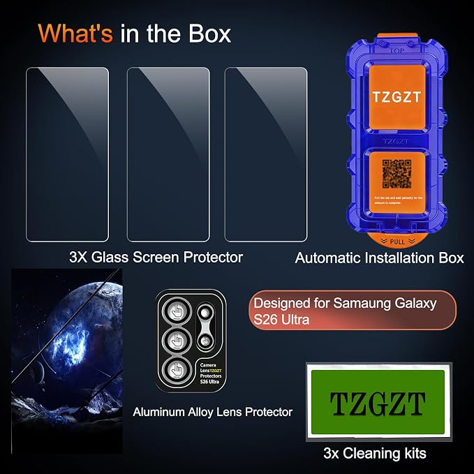 TZGZT 3 Pack Screen Protectors for Samsung Galaxy S26 Ultra,Tempered Glass | 9H+ Hardness, Military Grade Shatterproof, HD, Easy Installation, Bubble Free, Case Friendly,Include Camera Lens Protectors - Image 2
