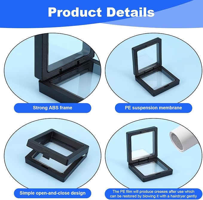 60 Pcs 3D Floating Display Case PE Film Jewelry Storage Box Coins Display Frame Holder Stands for Antique Challenge Coins, Medallion Shells Gems Rocks Pins (Black,2.76 Inch) - Image 5