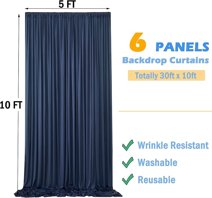 30ftx10ft Navy Blue Backdrop Curtains for Parties Wrinkle Free 6 Panels Navy Photo Backdrop Drapes Back Drop Cloth for Wedding Birthday Photography Background - Image 6
