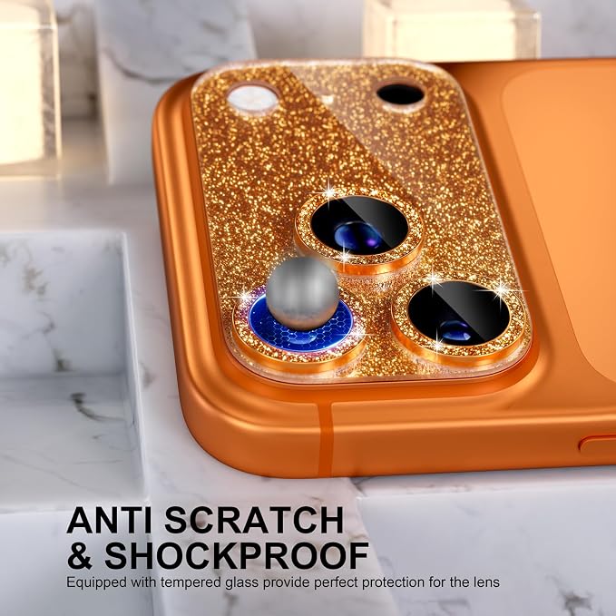 Choiche for iPhone 17 Pro Max Camera Lens Protector, Glitter-Orange | Bling Metal Camera Cover with 9H Tempered Glass Lens Screen Protector Accessories, Strong Adsorption, Case-Friendly, 6.9-inch - Image 3