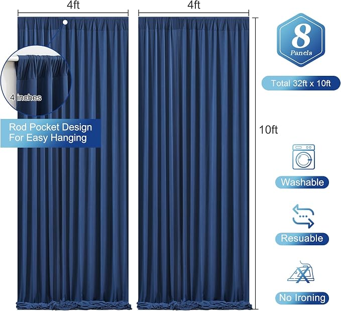 Navy Blue Backdrop Curtains - Wrinkle-Free Polyester Photography Drapes for Wedding, Baby Shower, Birthday, Graduation Party Decorations - 32 X 10FT - Image 2