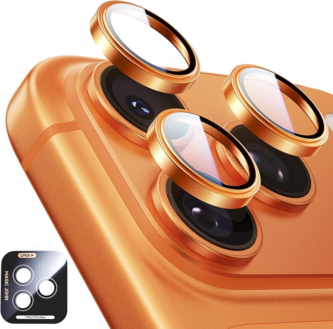 MAGIC JOHN 2 pack for iPhone 17 Pro Max/17 Pro Camera Lens Protector,Orange | [Alignment Kit&1:1 Invisible Fit] 9H Aerospace Tempered Glass, Ultra HD, Metal Individual Ring by MAGICJOHN