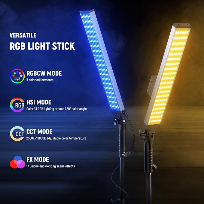 NEEWER Photography RGB Light Stick Kit, 2 Pack LED Video Tube Lights w/Stands, Diffusers, 3250Lux Dimmable Light Wand 2500-10000K CRI95+/TLCI97+ APP/2.4G/Panel Control for Live/Videos/Vlog, BH20C - Image 4