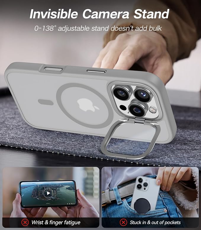 VOFATA [Upgraded] for iPhone 16 Pro Case with Camera Cover Stand [Fit for MagSafe][9H Camera Lens Protector] Mil-Grade Protection Translucent Matte Magnetic iPhone 16 Pro Phone Case, Grey - Image 3