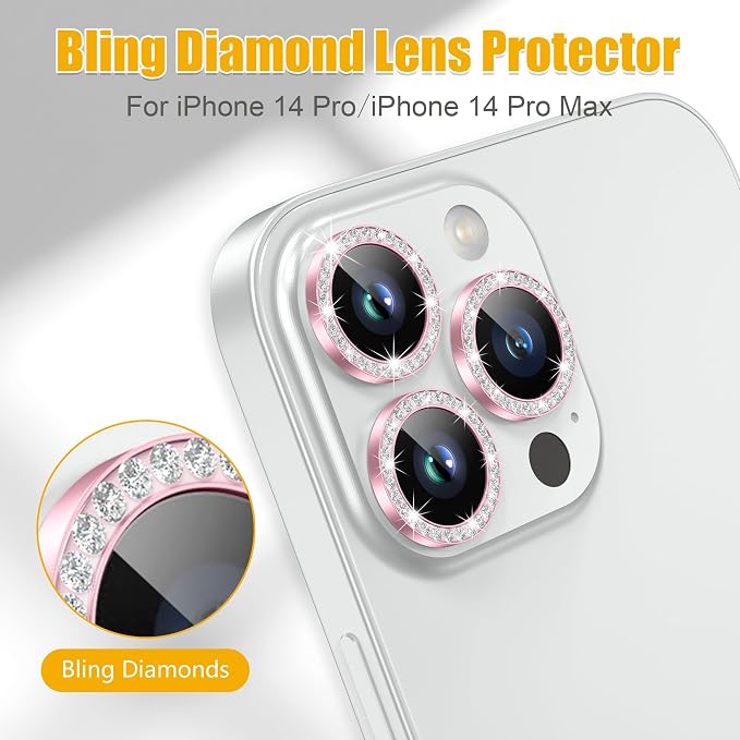 AGVEE 3+3 6 Pack for iPhone 14 Pro & Max Camera Lens Protector Cover | Individual Bling Diamond & Bling Glitter Sparkle Cute Gem Metal Ring, 9H Tempered HD Glass - Image 4