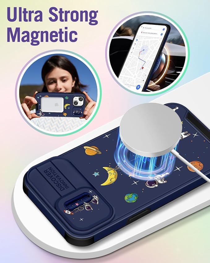 Buleens for iPhone 13 Case 6.1 Inch - with Ring Stand & Camera Cover Aesthetic Cute Designed for Women Girls Cartoon Astronaut for Phone Case for iPhone 13 Compatible with Magsafe - Image 4