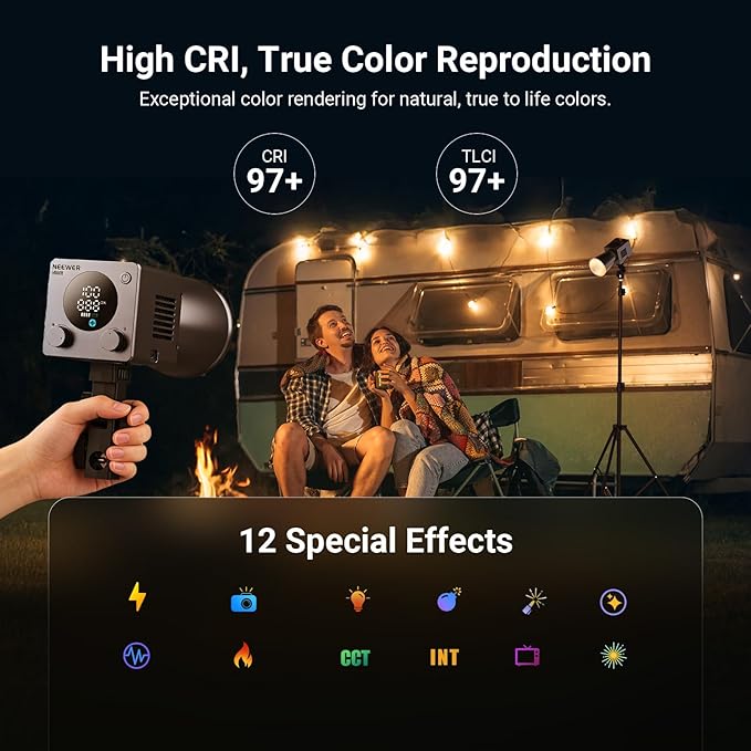NEEWER 60W Mini LED Video Light with 50Wh Battery/100W PD Fast Charging, APP/2.4G Control/NFC, Bi Color Dimmable COB Studio Continuous Output Lighting 44,800 lux/1m 2700-6500K CRI97+ 12 Scenes, HB60B - Image 6