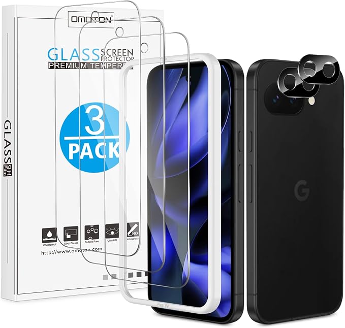 OMOTON 3+2 Pack for Google Pixel 9a Screen Protector 6.3 inch | 3 Pack Tempered Glass Screen Protector & 2 Pack Camera Lens Protector with Alignment Framework, Case Friendly by OMOTON
