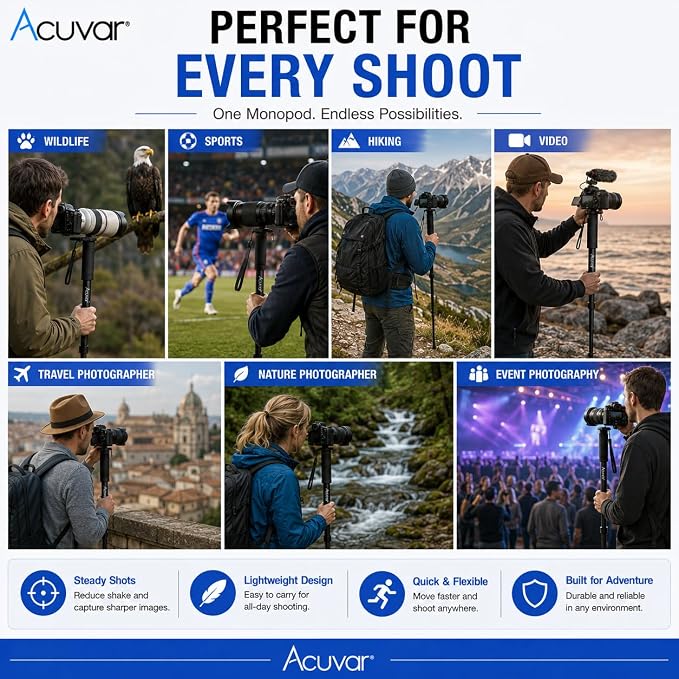 Acuvar 65 Inch Camera Monopod – Lightweight 4-Section Aluminum Monopod with Safety Strap for DSLR & Mirrorless Cameras - Image 8