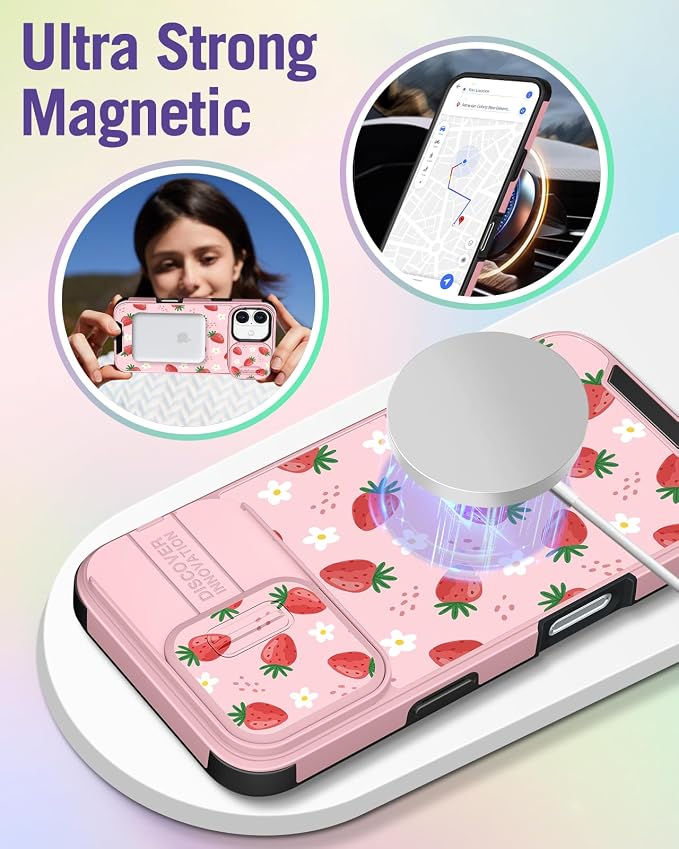Buleens for iPhone 16 Case 6.1 Inch - with Ring Stand & Camera Cover Aesthetic Cute Designed for Women Girls Pretty Girly Kawaii Strawberry Teens Phone Case for iPhone 16 Compatible with Magsafe - Image 4