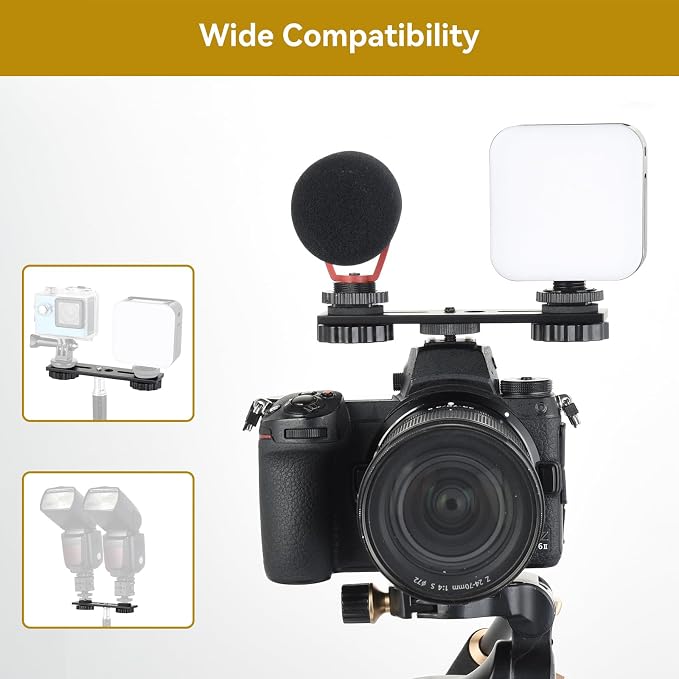 5 inch Flash Bracket with 1/4" Hot Shoe Mount, Black | Dual Camera Mount Flash Bracket Extension Bar with 1/4-3/8 Thread Hole Tripod Mount for Camera/LED Light/Microphone - Image 3