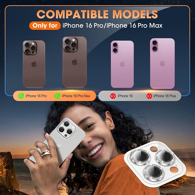 for iPhone 16 Pro/16 Pro Max Camera Lens Protector Glitter, Silver | Individual Metal, 9H Hardness, Scratch Resistant, Shockproof, Drop Protection, Case Friendly, Stylish Accessories - Image 5
