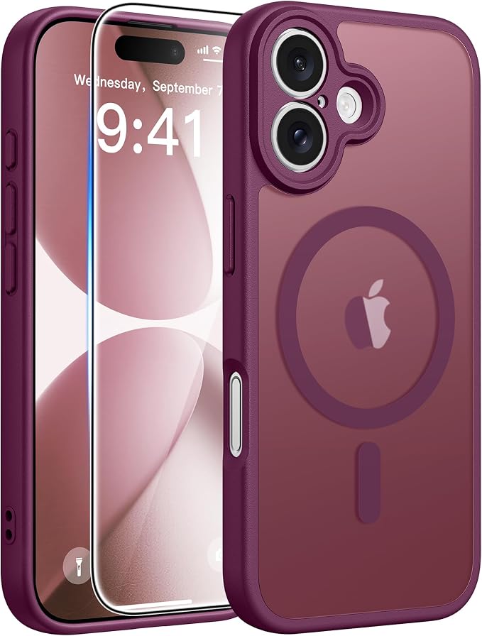 FNTCASE for iPhone 17 Case, Compatible with Magsafe, Glass Screen Protector | Full Camera Protection, Translucent Matte, 14FT Military Grade Drop Proof, Shockproof Protective Phone Cover, Wine Red by FNTCASE
