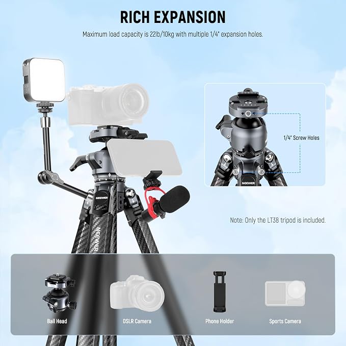 NEEWER LITETRIP LT38 61" Travel Tripod Carbon Fiber for Camera, 360° Pan Tilt Low Profile Ball Head, Flexible Center Axis, Arca QR Plate Compatible with PD, Max Load 22lb - Image 6