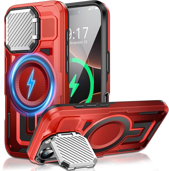 Camera Stand Case for iPhone 16 Pro Max, [Compatible with MagSafe] [Lens Cover] 2024 Version Military Grade Protective Soft Case for iPhone 16 Pro Max 6.9 inch Men Women, Red by WASTROYAL
