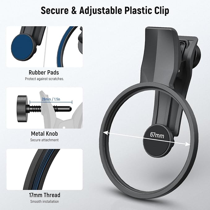 NEEWER 67mm Phone Camera Lens Filter Clamp, Adjustable Threaded Filter Clip Mount with Nonslip Rubber Pads, Compatible with Samsung Galaxy Google Pixel Huawei Xiaomi, LA008 - Image 2