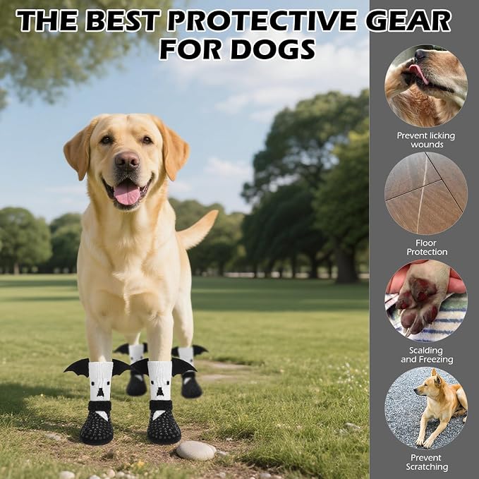 EXPAWLORER Halloween Anti Slip Dog Socks to Prevent Licking Paws, Boots & Paw Protectors with Grippers,Doggie Booties for Hardwood Floors for Small Medium Large Senior Dogs Costume White Ghost Wings L - Image 8