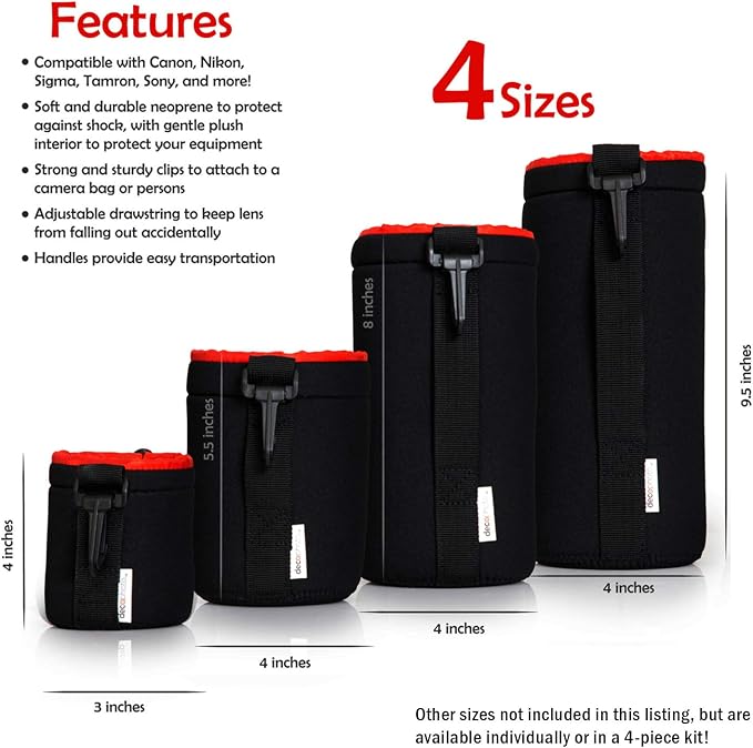 Small Neoprene Lens Bag Protective Water and Weather Resistant Shock Drop and Scratch Armor Pouch Sleeve Case with Plush Interior, Black - Image 3