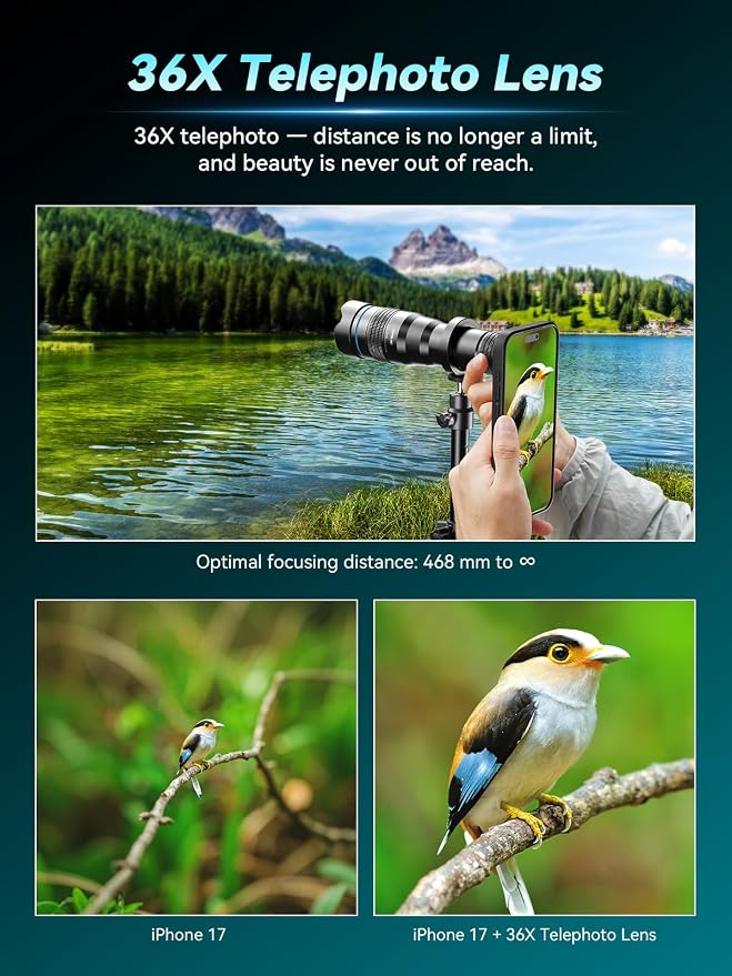 APEXEL 36x Telephoto Lens Compatible with iPhone 17 | Photography for Travel, Birdwatching, Exploration | Kit with Sturdy Metal Tripod and Threaded Phone Case - Image 2