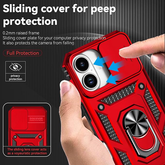 HNHYGETE for iPhone 16 Case with Screen Protector: [Military Grade 20ft. Drop Tested] Slide Camera Cover Ring Shockproof Protective Phone Case for - iPhone 16 (Red) - Image 4
