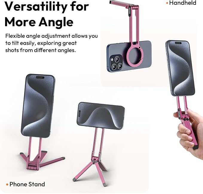 ULANZI MA30 Magnetic Phone Tripod Stand for iPhone - Aluminium Maglock Smartphone Mini Tripod Pocket Cell Phone Stand Strong Magnet Quick Mount Compatible with iPhone 17 16 15 14 13 12 Series, Pink - Image 3