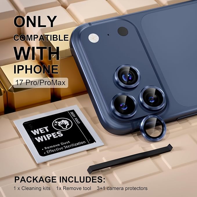 Misea Compatible for iPhone 17 Pro/iPhone 17 Pro Max Camera Lens Protector | 9H Tempered Glass Ultra HD Bling Camera Screen Protector Cover Metal Individual Ring Accessories, Deep Blue - Image 2