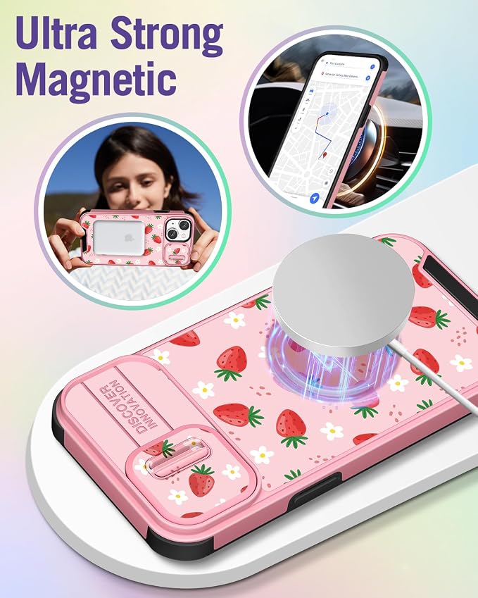 Buleens for iPhone 15 Plus Case 6.7 Inch - with Ring Stand & Camera Cover Aesthetic Cute Designed for Women Girls Girly Pretty Strawberry for iPhone 15 Plus Phone Case Compatible with Magsafe - Image 4